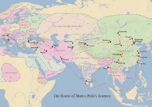 A map indicating the route of Marco Polo's travels from Venice to China between 1271 and 1295 CE.